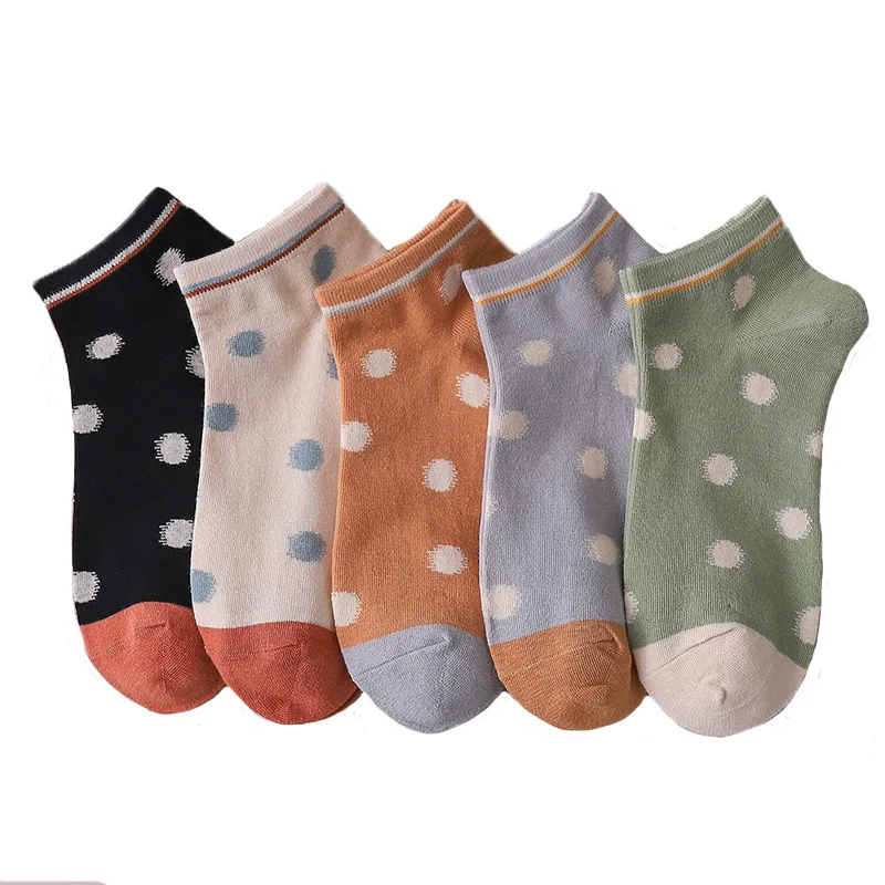 

5 Pairs of Socks Ladies Spring New Boat Socks Ladies Polka Dots Leisure Breathable Comfort Ladies Cotton Socks