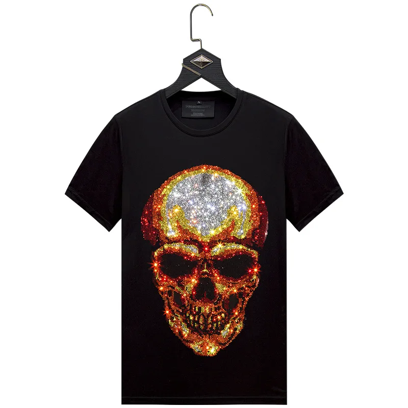 

Plus Size 2021 Rhinestones Skull T Shirt Men Short Sleeve Man Streetwear Fashion Clothing O Neck Slim Tshirts Calaveras Camiseta