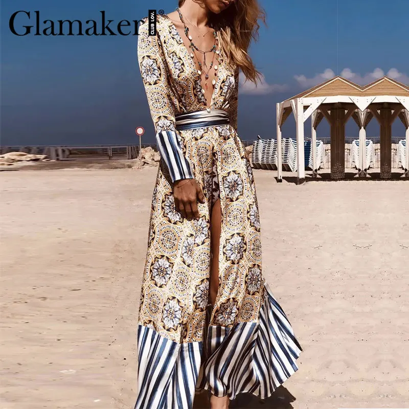 Женское винтажное платье-туника Glamaker пляжное макси-платье для отдыха с v-образным