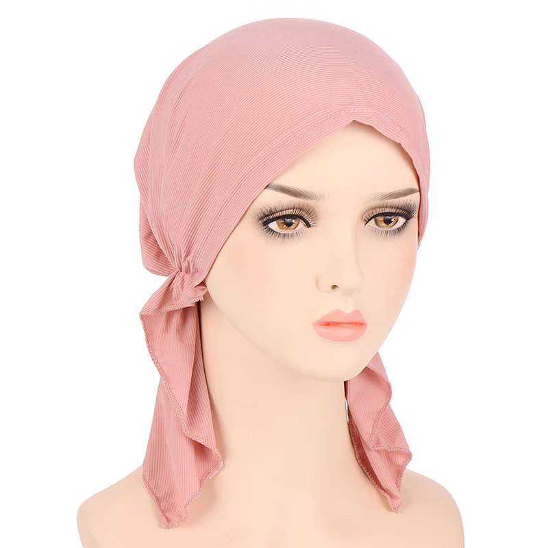 

Two-tail Inner Hijabs Turban Hat Pinstriped Hat Turban Muslim Chemotherapy Hat Simplicity Polychromatic Breathable Headscarf Cap