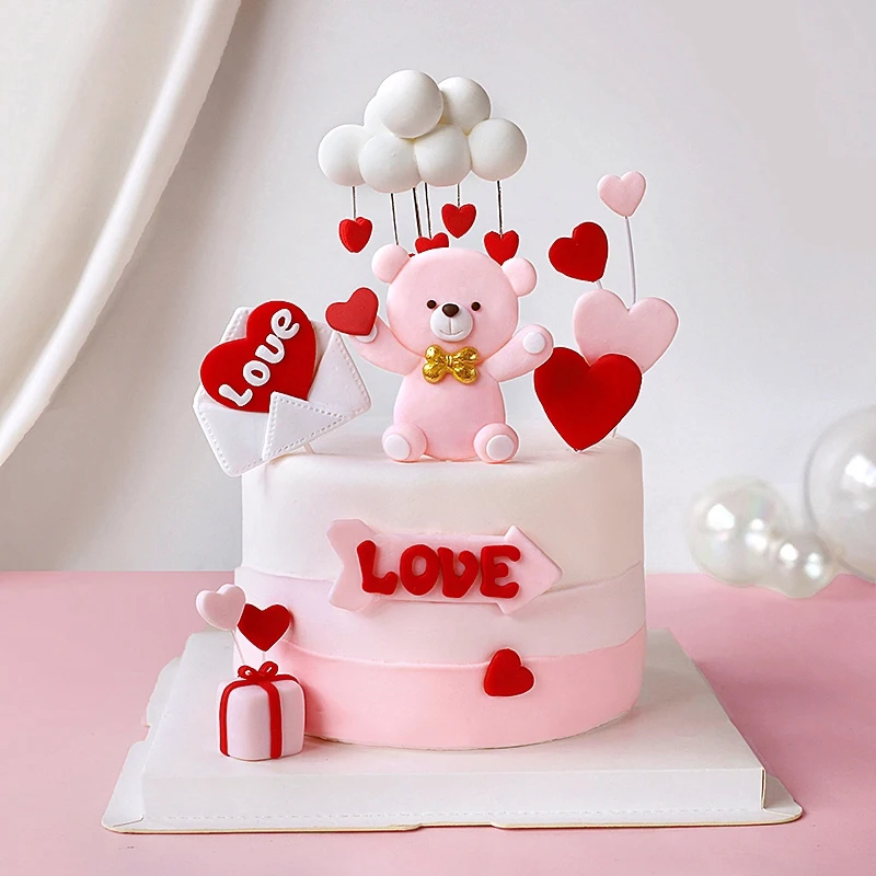 

Heart shape Pink Bear with bow Love You Cake Topper for Valentine's Day Party Decorations Anniversary Baking Supplies Love Gifts