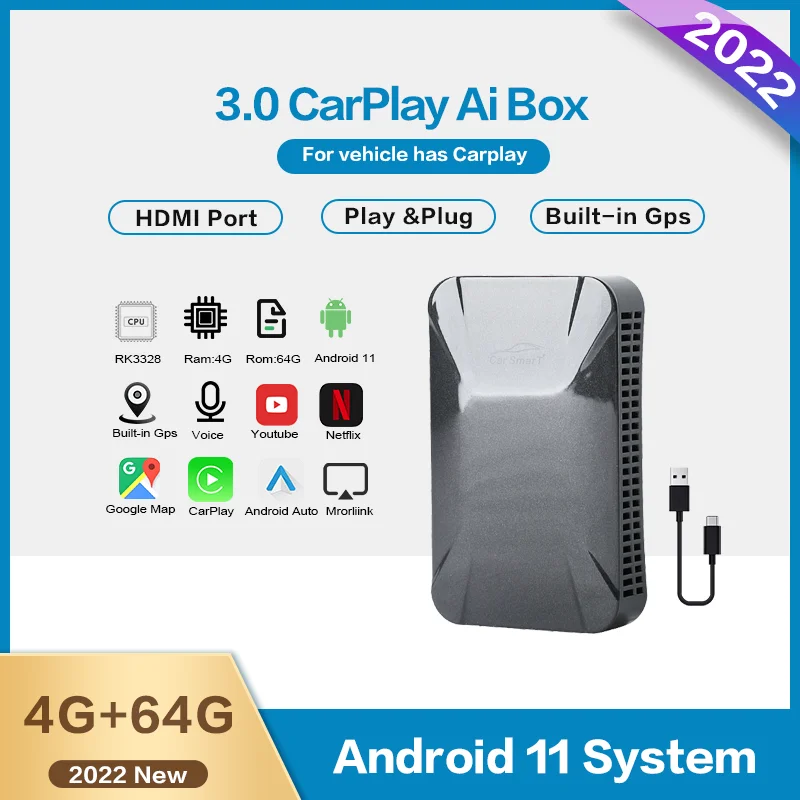 

Carplay Ai Box For Apple TV to Android System Car Video Android Multimedia Player Mirrorlink For Benz Audi Tv For Car Box 4+32G
