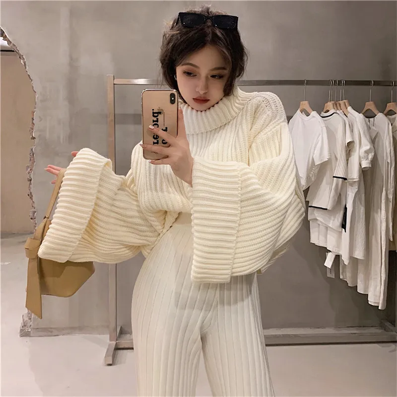 

Autumn Winter Knitted Women 2 Piece Sets Pants Outfits Loose High-neck Sweater+High Waist Wide-leg Mopping Trousers 2pc Suit