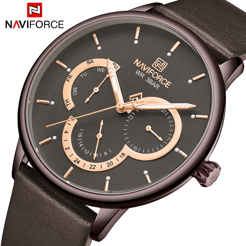 NAVIFORCE новые мужские Модные Аналоговые кварцевые наручные часы с кожаным ремешком