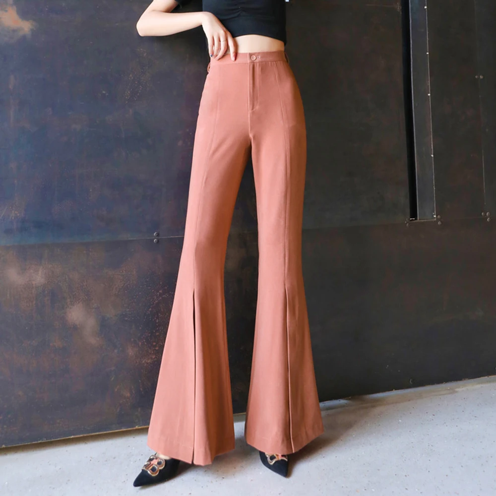 Весенне осенние новые розовые брюки колокольчики женские расклешенные с