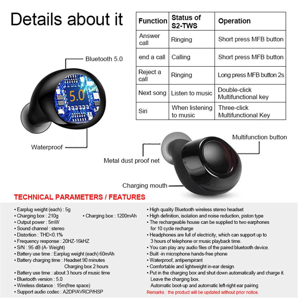 TWS S2 Bluetooth 5 0 наушники беспроводные 8D HIFI спортивные с микрофоном игровая