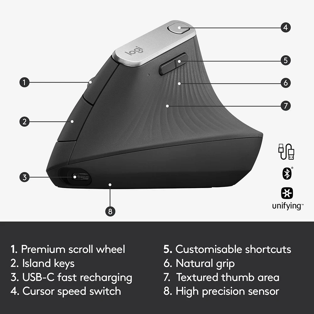 Логитек MX Вертикальная беспроводная игровая мышь Bluetooth Эргономичная беспроводная игровая мышь Многофункциональная с 2,4 ГГц USB Nano 100% оригинал