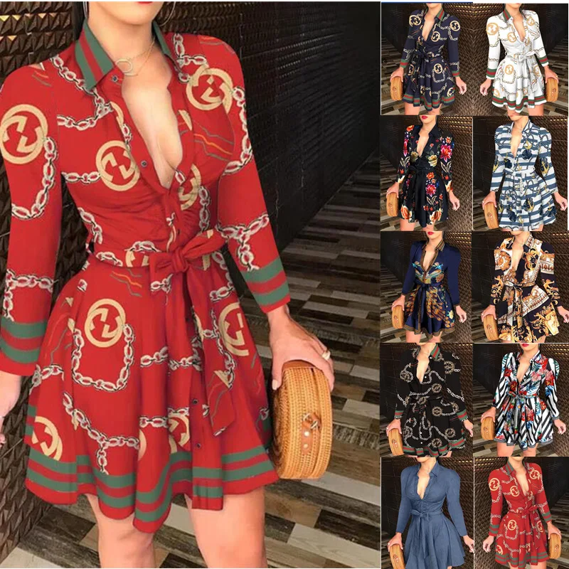 

Long Sleeve A Line Casual Dress Print Fashion Womens Clothes Streetwear Mini Dress Summer Office Sexy Deep V-neck Party Dresses