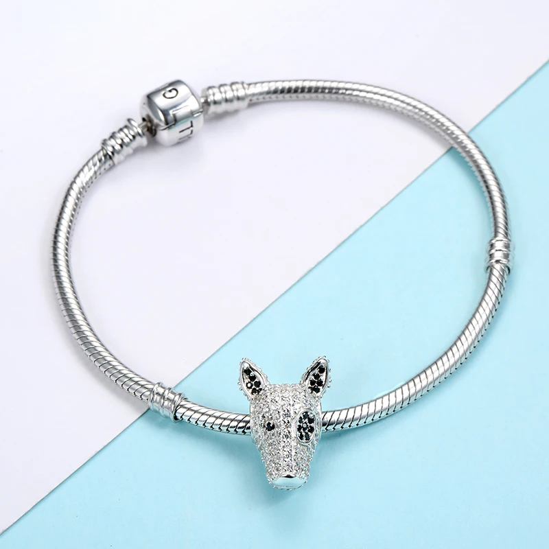 Бусина-Шарм Собака из серебра 100% пробы с прозрачным кубическим цирконием |