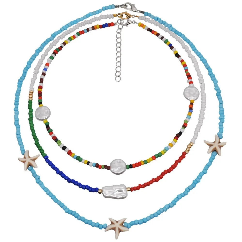 

2021European and American fashion multicolor rice bead pearl multi-layer necklace ladies bohemian exotic choker clavicle chain