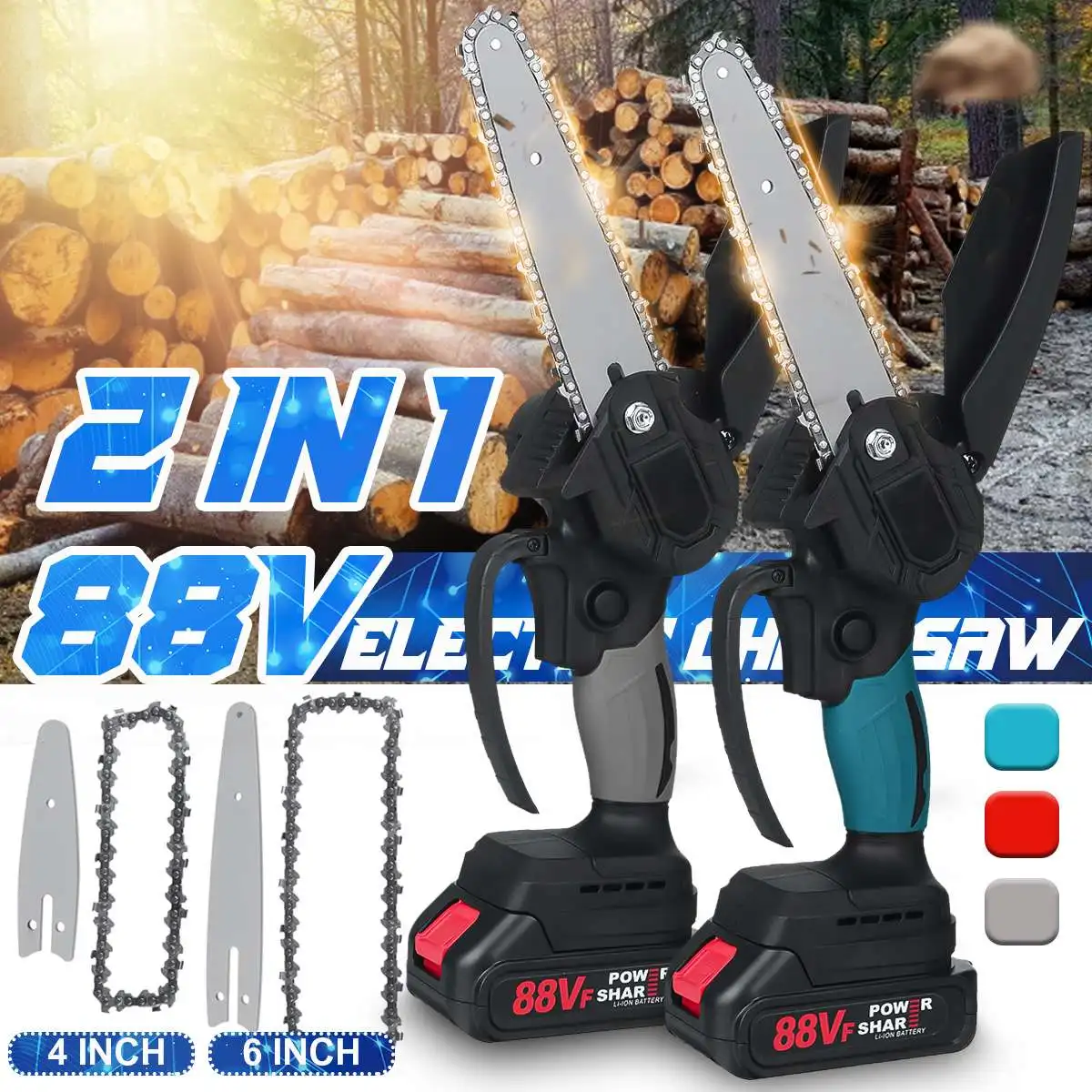 

2 In 1 4 Inch 6 Inch Mini Electric Chain Saw 2000W 88V One-handed Woodworking Power Tool Cutter For Makita Battery 18V EU Plug