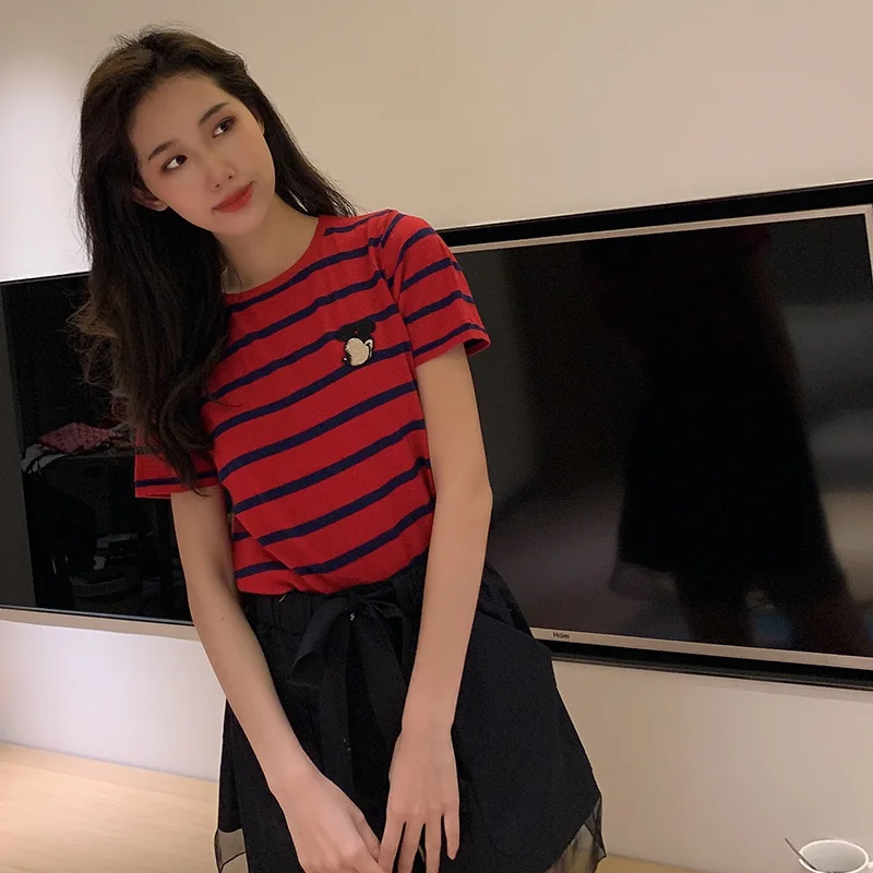 

summer new red stripe short sleeve T-shirt women's Embroidery slim and versatile short top