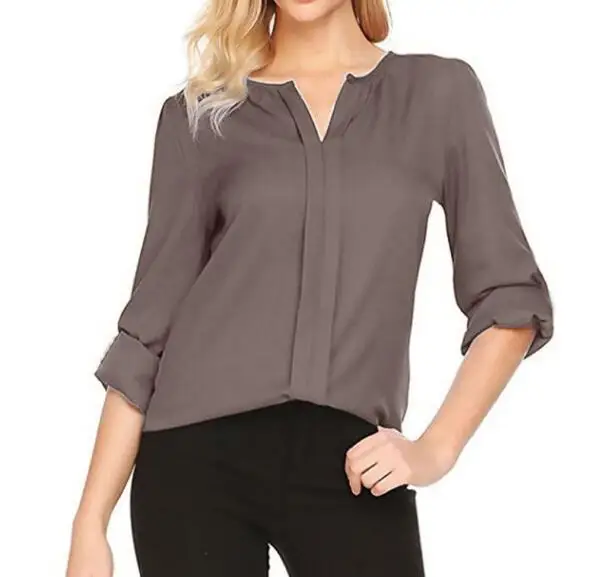 

European and American fashion explosion style solid color V-neck temperament long sleeve chiffon shirt