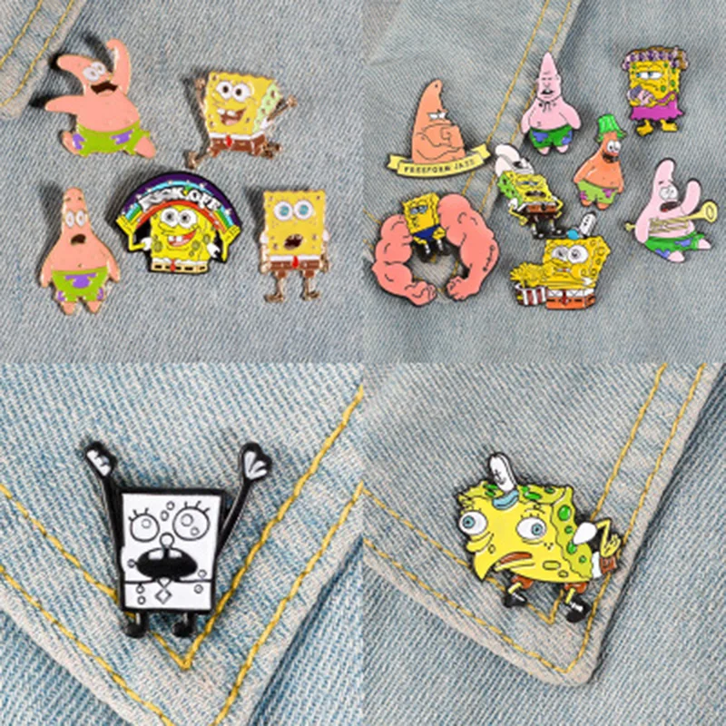 

Sponge Meme Enamel Pins Sponge Brooches Badge Bag Jeans Lapel Pin Funny Anime Jewelry Gift for kids friends