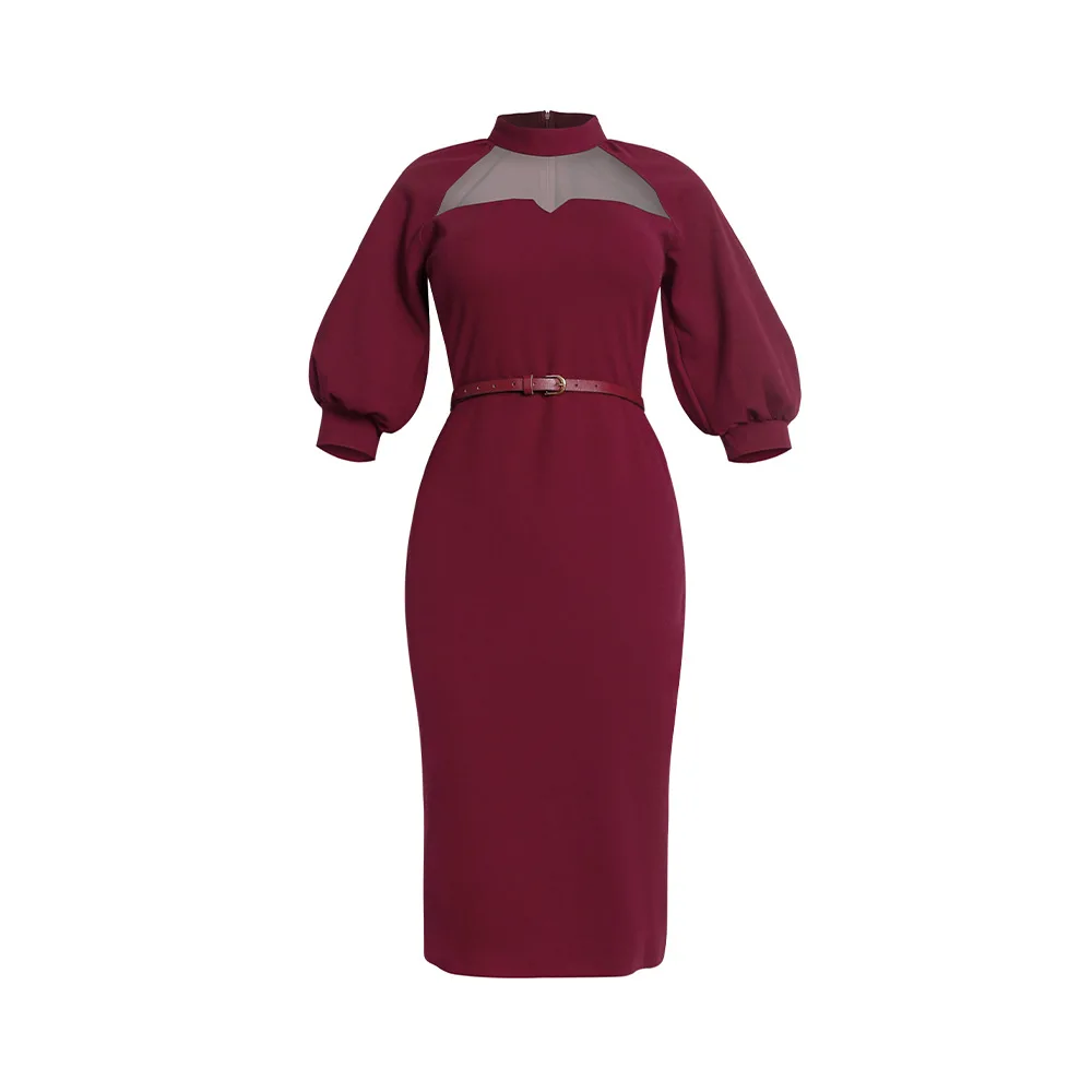 

L-3XL Gauze Stitching Dress Women's Mid-Sleeve Belt Fashion High Temperament African Clothing Sexy Bag Hip Pencil Dress 2021 New