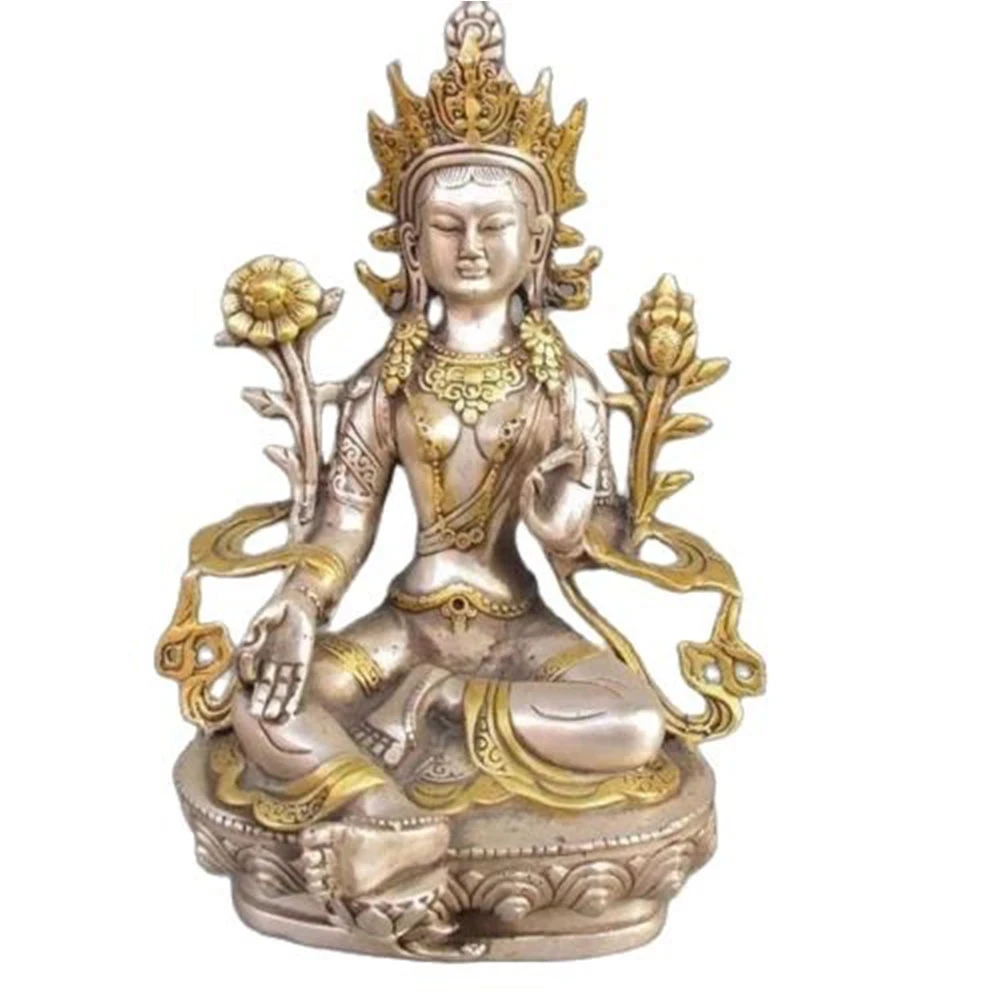 

Estatua de budismo tibetano dorado de cobre y plata del Tíbet, artesanía de metal de Buda de Tara Blanca, 8,86 pulgadas