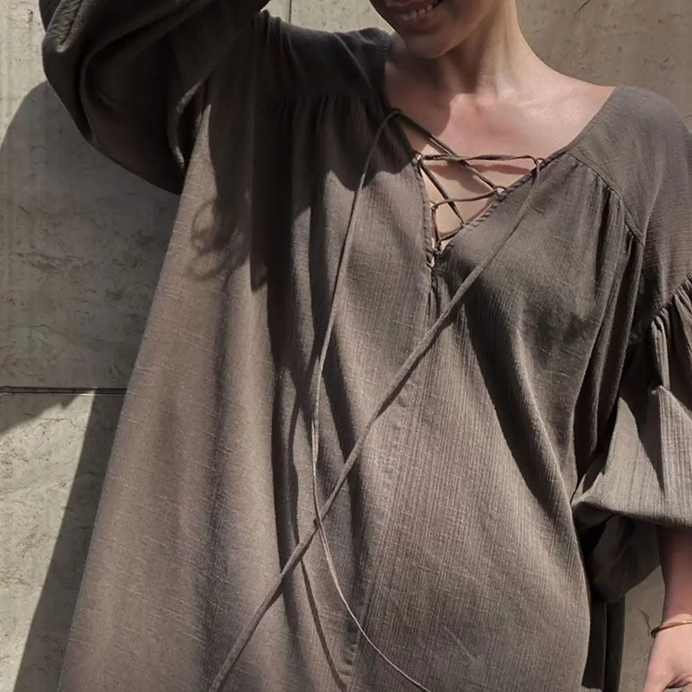 

2021 Spring Summer New Bandage Lantern Sleeves Loose Solid V-Neck A Line Ankle-Length Dress Women