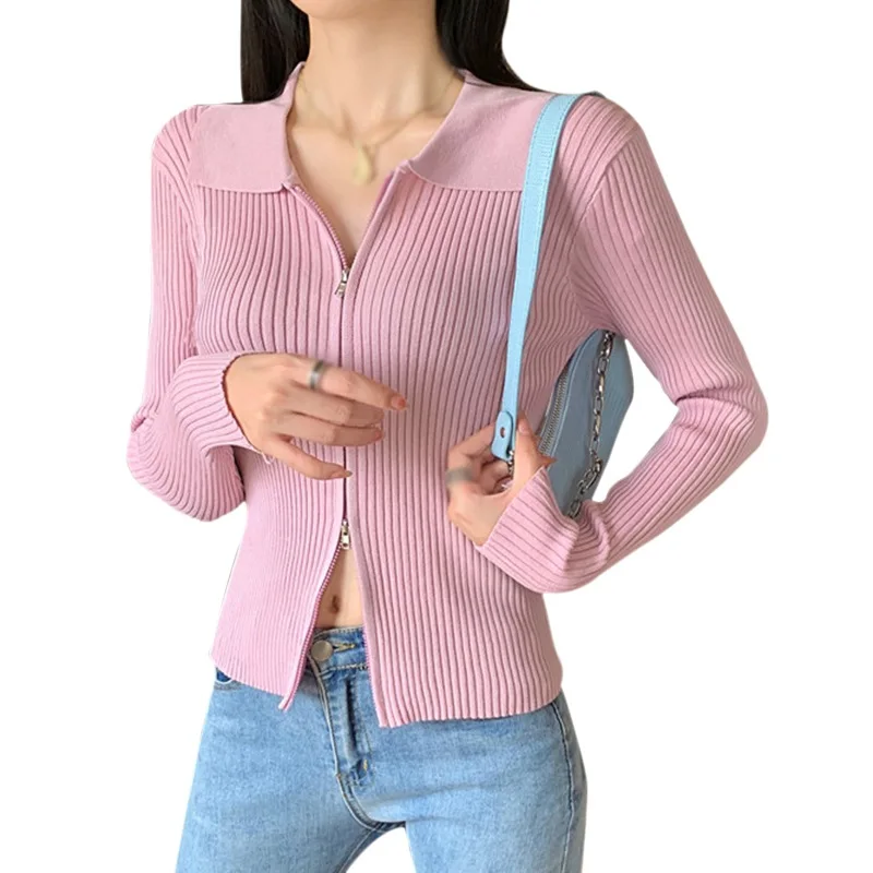 

Модный осенний вязаный кардиган на молнии с длинными рукавами для женщин однотонный Короткий стильный свитер пальто