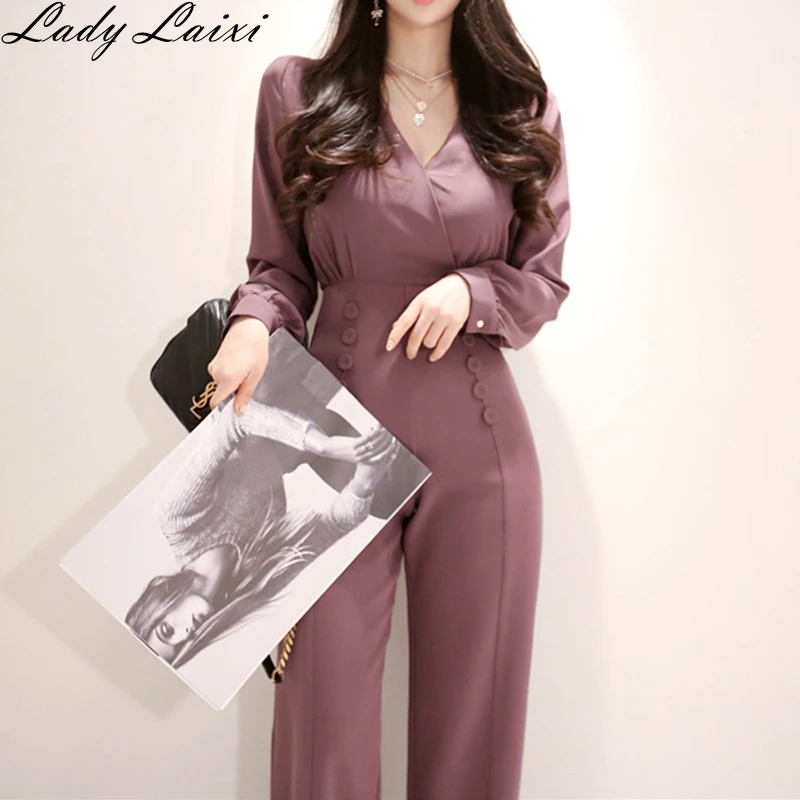 

Summer High Quality Double Breasted V Collar Office Women Cloth Long Pant Slim High Waist Overalls Work Casual Jumpsuits