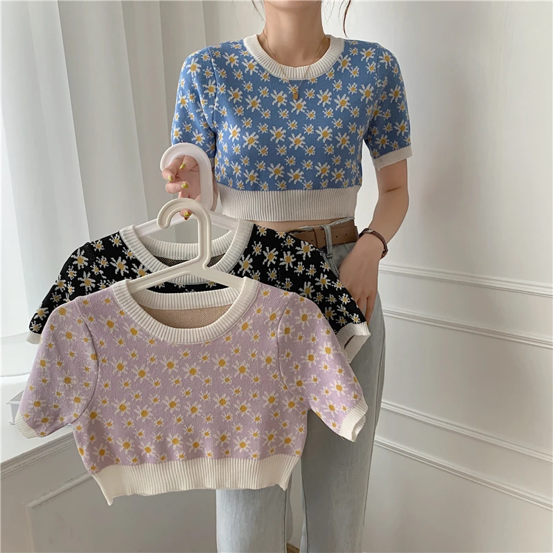 

Alien Kitty 2021 New Summer Sweet Girls Chic Casual All Match Blouses Office Lady Knitted Shirt Short Solid Floral Hight Waist