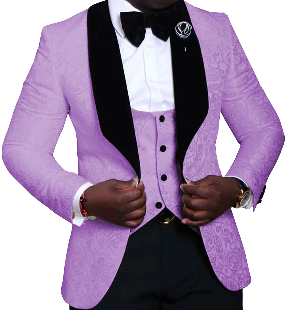 Сиреневые мужские костюмы из 3 предметов жаккардовые черные смокинги с