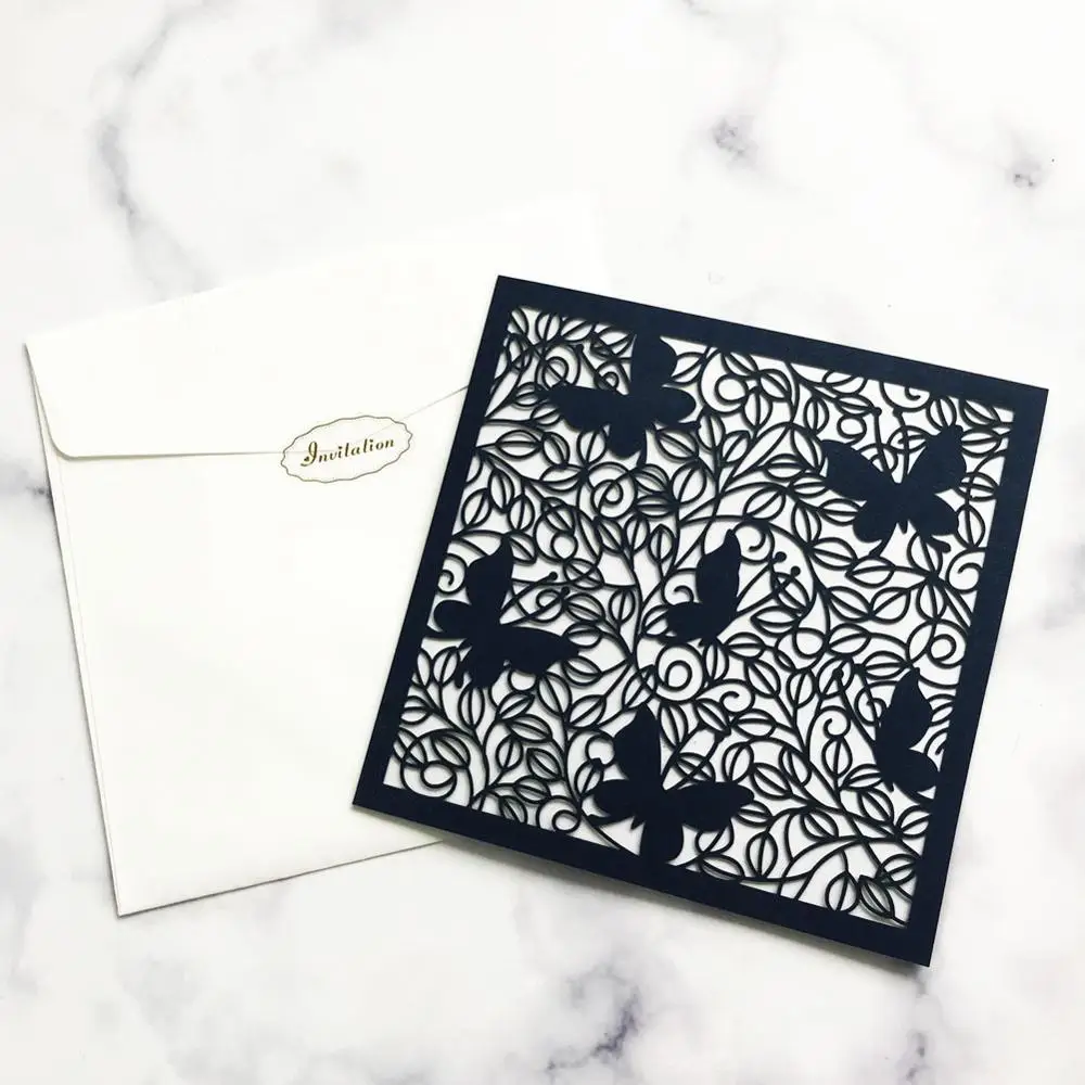 

50pcs Elegant Lace Butterfly Wedding Invitations Card Square Laser Cut Rose Flower Customize Greeting Card Event Party Supplies