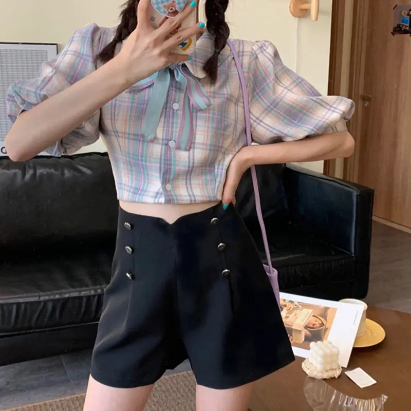 

New Plaid Vintage Blouse Women Summer 2021 Bow Half Sleeve Korean Style Elegant Casual Shirt French Retro Puff Sleeve Female Top