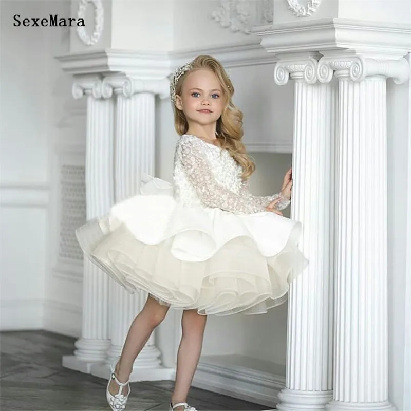 

Ivory White Tulle Puffy Girls Dresses O Neck Long Sleeve Knee Length Princess Clothes Girls Birthday Party Dress