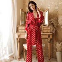 wedding nighty lingerie red sleepwear robe set lounge set 3 piece women kimono pyjama satin femme lot pajama sets leisure wear