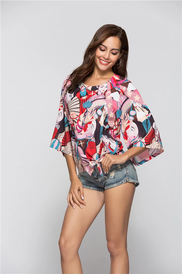 

Printed round neck straps 3/4 sleeve sleeve top