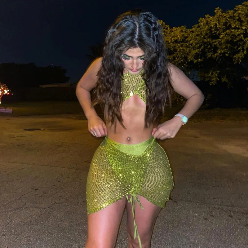 

Sequins Sexy See Through Mesh Two Piece Set Women Halter Crop Top And Skirts 2 piece sets Womens Outfits Beach Wear