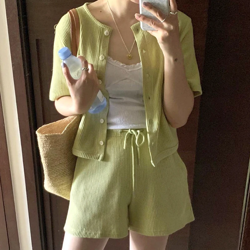 

Korean Fashion Shorts Sets Casual Two Piece Set Women Short Sleeve Cardigans and High Waist Short Pants Summer 2 Piece Outfits