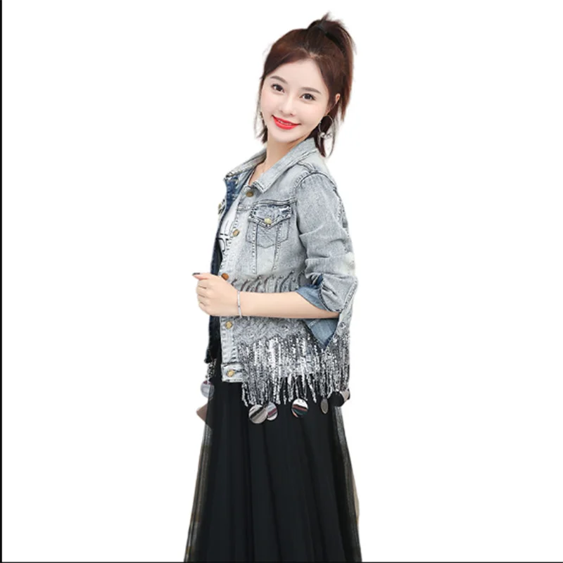 

Новинка Весна 2021, джинсовая куртка для женщин, тяжелые Промышленные джинсы стрейч с бахромой и блестками, с длинными рукавами, верхняя одежд...