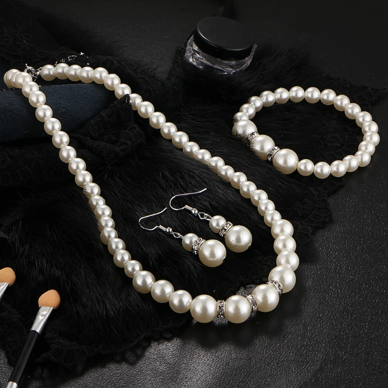

Elegant White Faux Pearl Necklace Earrings and Bracelet Pearl Beaded Chain Drop Earrings Costume Jewelry Set for Women