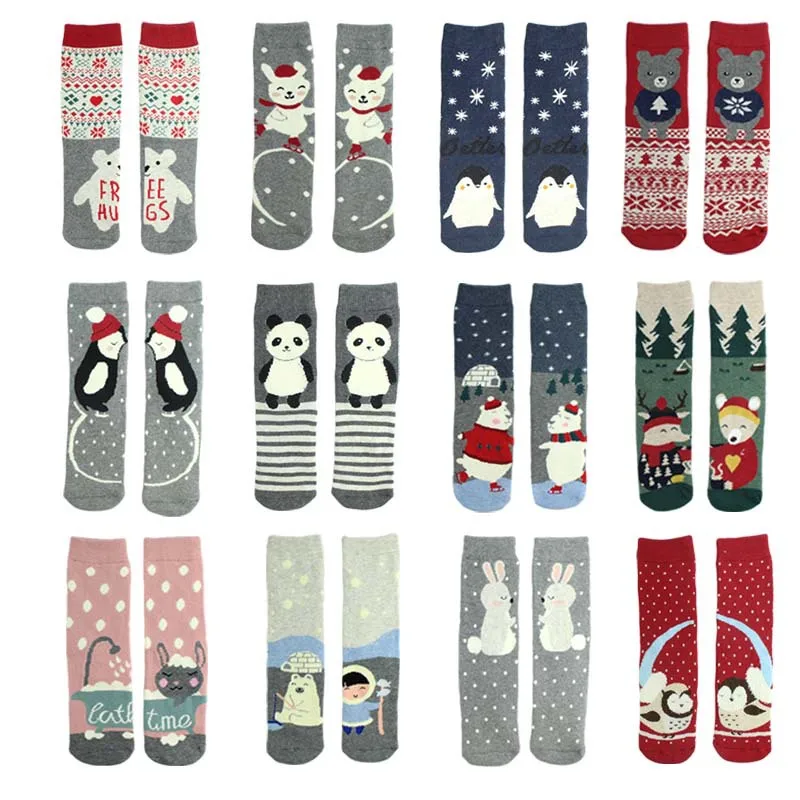 

New Christmas Cartoon Candy Bar Terry Women's Socks In The Tube Thickened Warm Penguin Bear AB Fashion Socks Cute Students Long