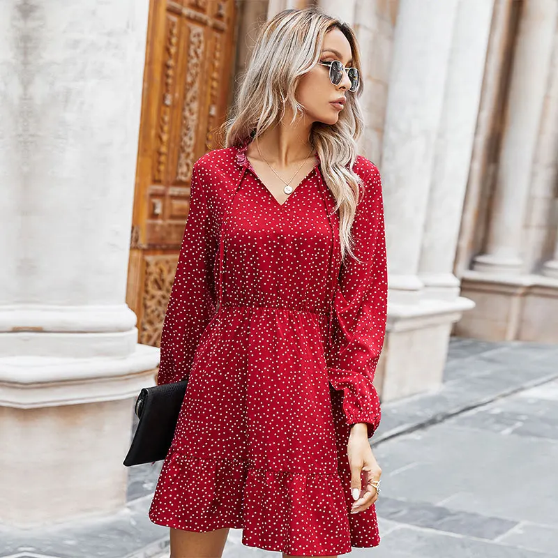 

Ladies Spring Summer Polka Dot Print Dress Women 2021 New Casual Lace Up V Neck Full Sleeve Slim Short Dress