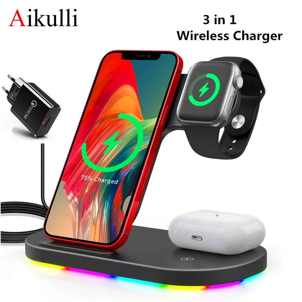 

RGB 3 in 1 Wireless Chargers Stand for iPhone 13 12 11 XS XR 15W Fast Charging Station for Apple Watch 7 6 5 4 3 2 AirPods Pro 2