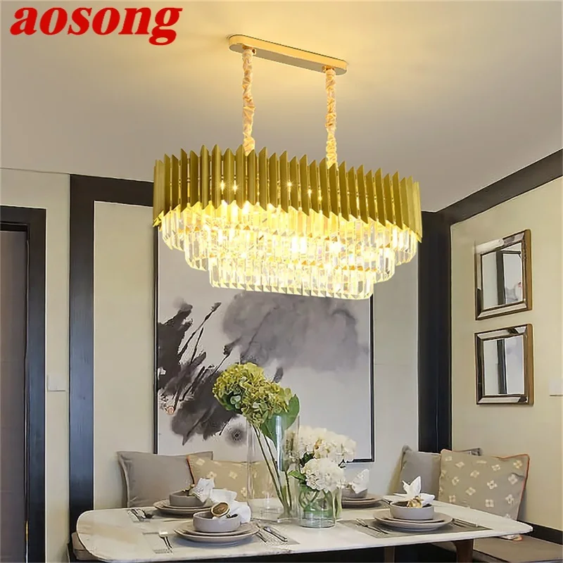 

AOSONG Gold Luxury Chandelier Lamp Postmodern Rectangle Pendant Light Fixtures Home LED for Living Dining Room