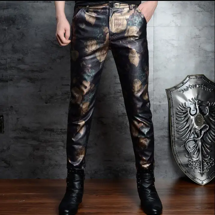 velvet thick leather pants mens feet pants Camouflage printing motorcycle pu trousers men personality pantalon homme