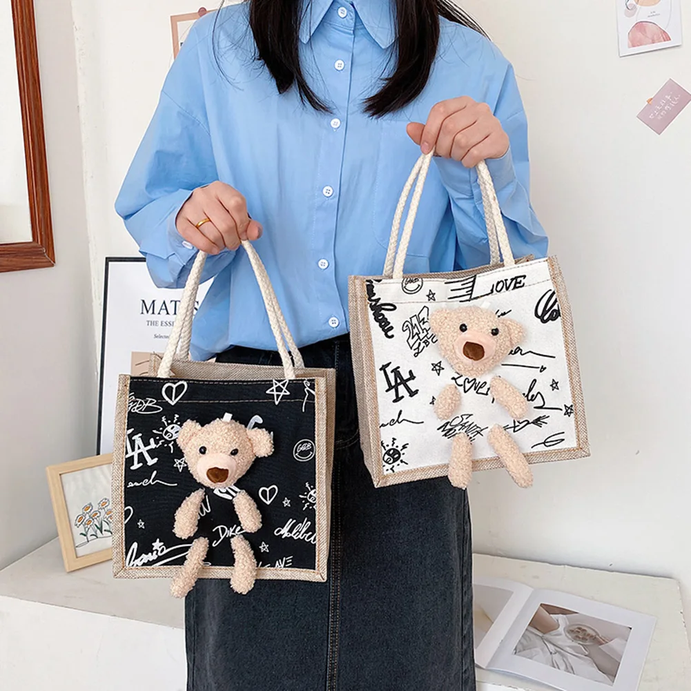 

Women Letters Printing Top-handle Cartoon Bear Handbags Ladies Vintage Zipper Small Cotton Linen Purse Tote