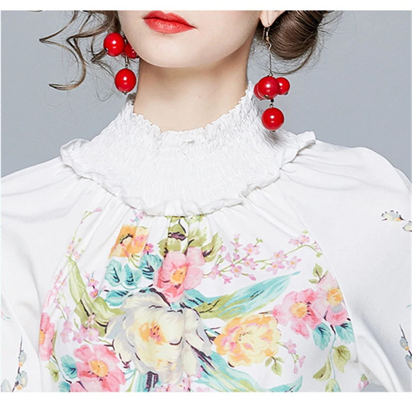 

2021 Spring Summer Elegant 2 Piece Set Women Designer Runway Two Piece Short Sets Puff Sleeve White Blouse Tops + Shorts Womens