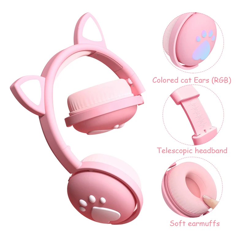 Детские Bluetooth-наушники Kawaii Cat Ear со светодиодный светильник кой Беспроводная