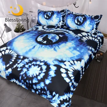 BlessLiving Eye of The Wolf Bedding Set Black and Blue Watercolor Tye-Dye Bedclothes Psychedelic Tie Dye Wildlife Art Bed Set 1