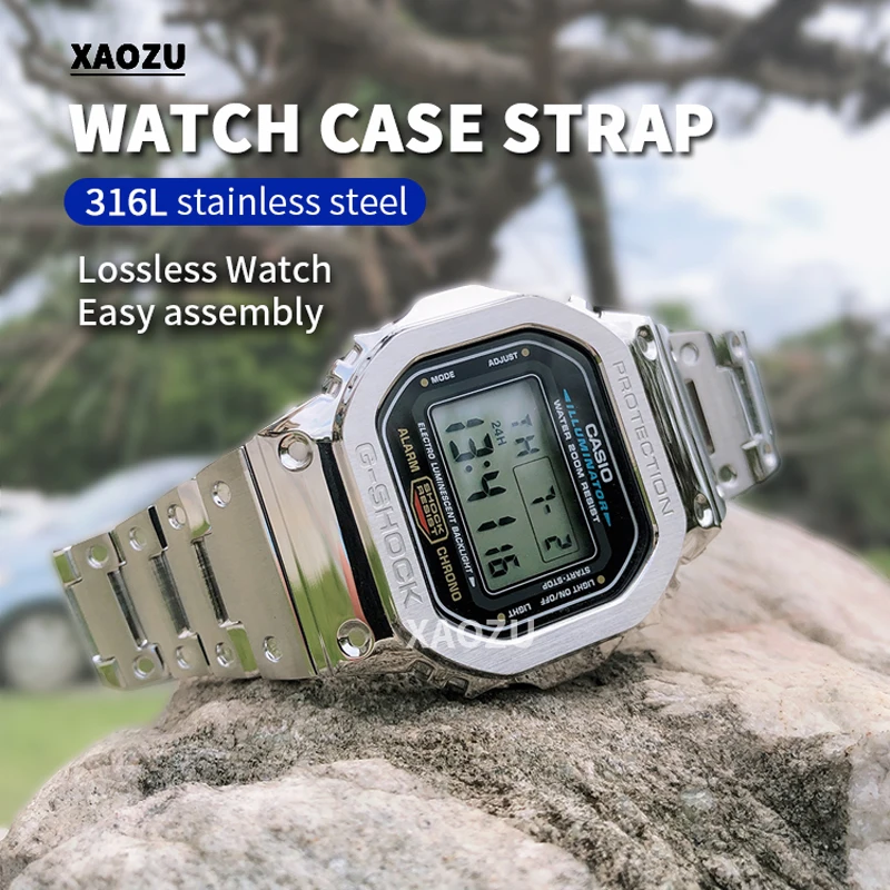 

Ремешок для часов XAOZU из нержавеющей стали 316L, безель/Чехол DW5600 G5600E gw5000, металлический ремешок для часов GW5000 DW5035 с инструментами для серебрис...
