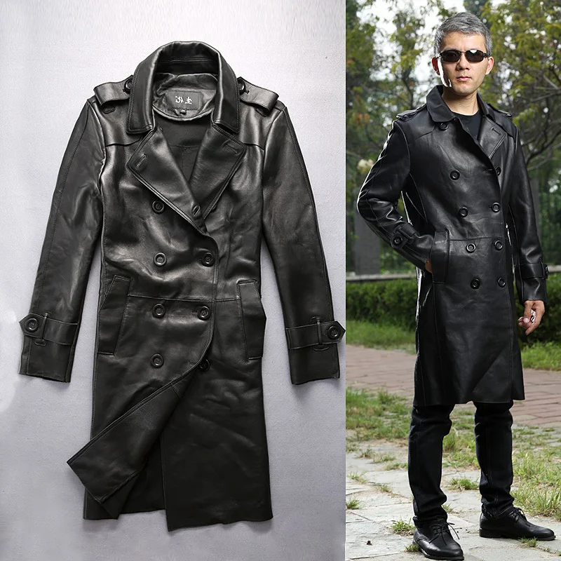 Тренчкот мужской из овечьей кожи модный длинный двубортный плащ с широкой талией