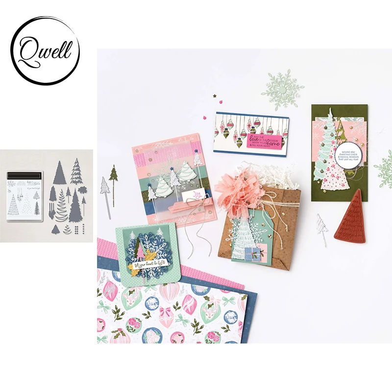 

QWELL Cutting Dies match Clear Stamps Christmas Trees Holly Ornament Wishes 2021 DIY Scrapbooking Craft Cards Making Template