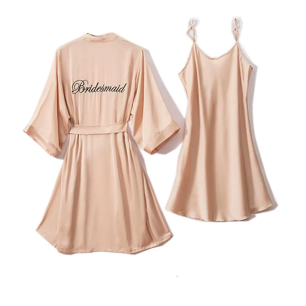 Women Champagne Bride Bridesmaid Wedding Sleepwear 2PCS Kimono Bathrobe Gown Embroidery Casual Nightgown Intimate Lingerie