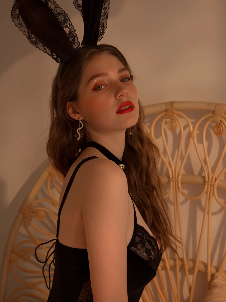 Соблазнительное бархатное кружевное Сетчатое боди костюмы кролика подтяжки