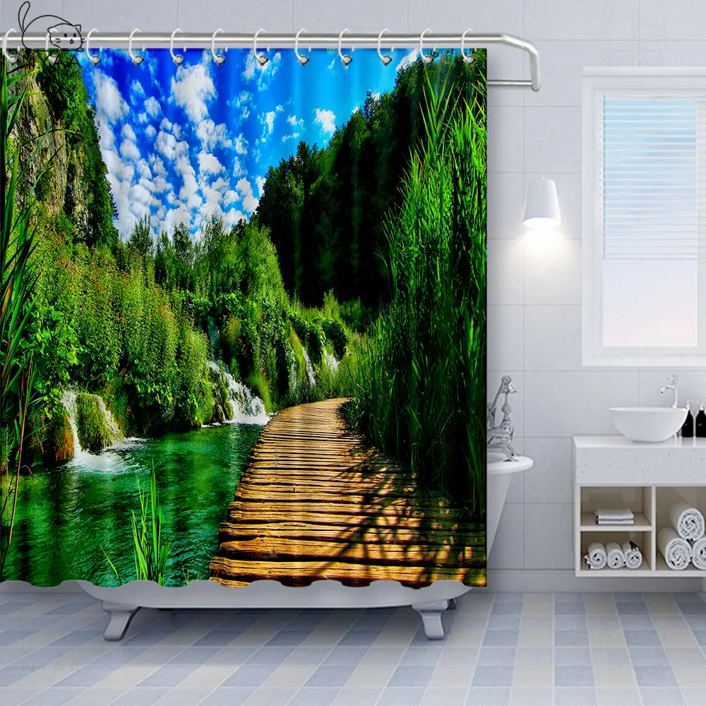 Vixm джунгли занавески для душа Глубокий Лес с деревянным Пирсом и рекой