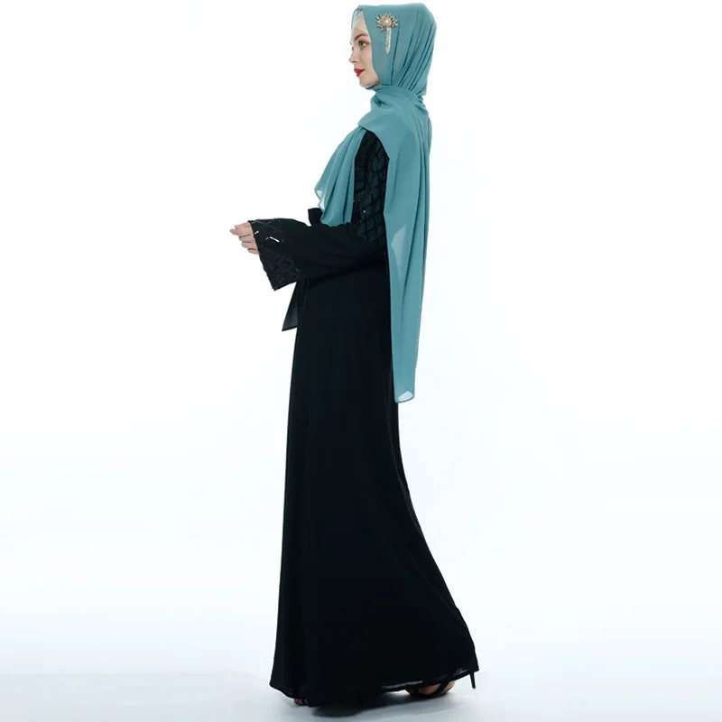 latest Dubai long-sleeved dress Muslim party Abaya ladies Arabian lace cardigan patchwork Turkish Islamic prayer gown robe